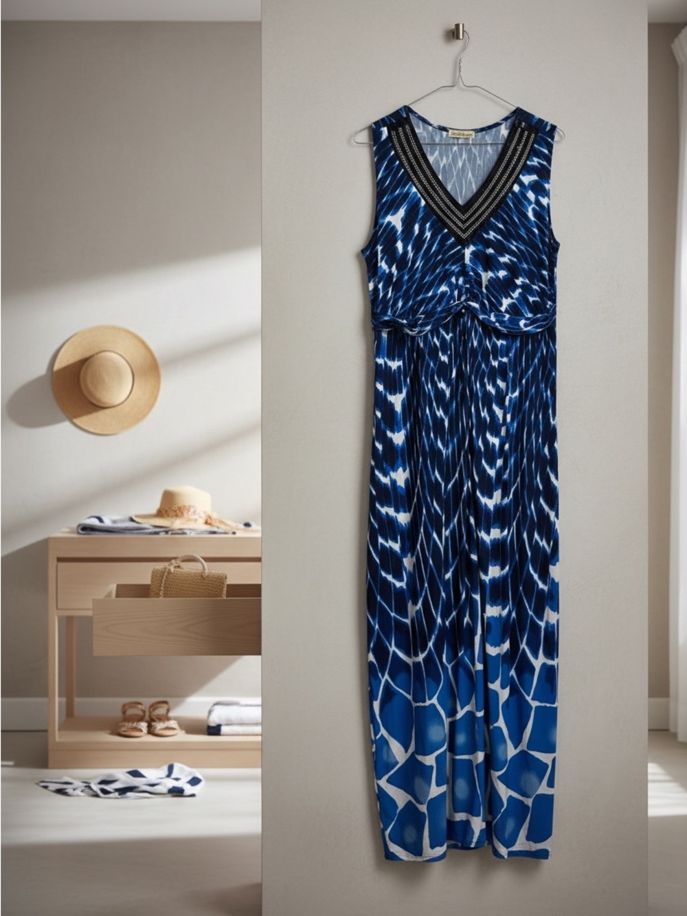 Brochure Blue White Sequin Neckline Stretchy Maxi Dress Size M